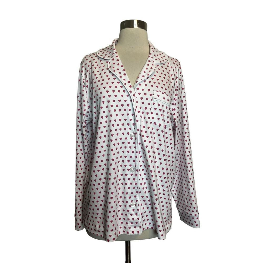 ROLLER RABBIT Polo Pajama Top L Pink Hearts Print Long Sleeve
